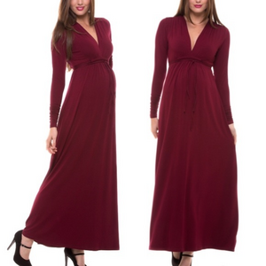 Olian V-Neck Empire Maternity Mama Maxi‎ Dress in Wine Burgundy